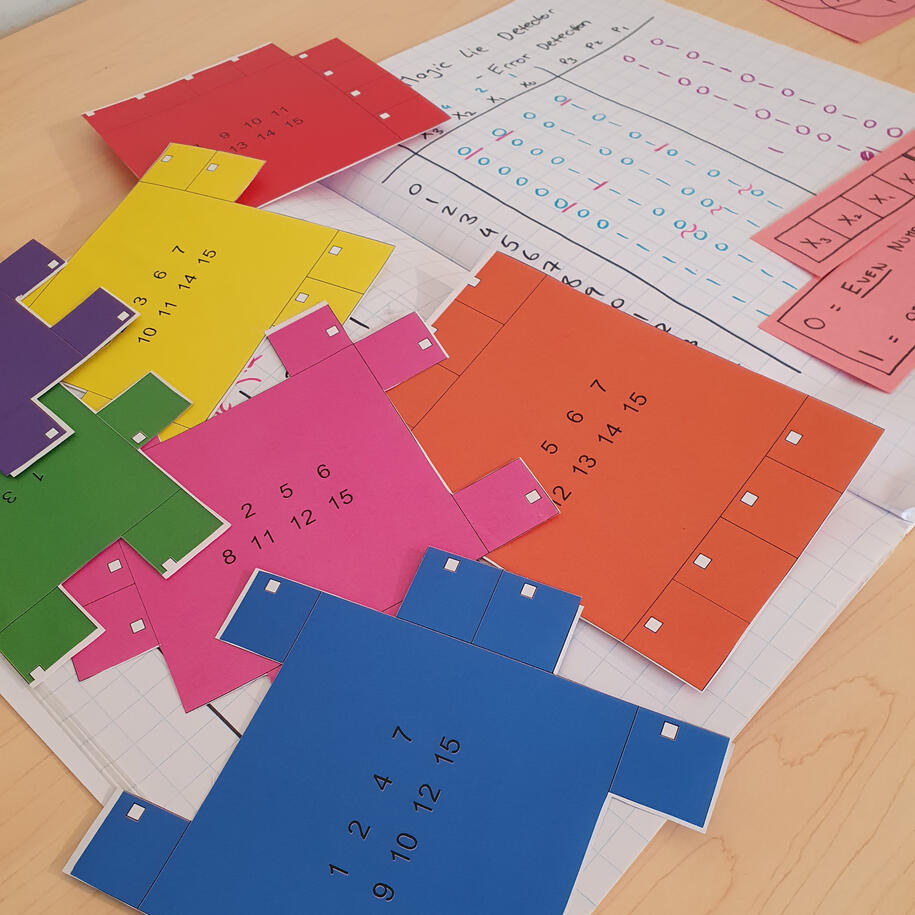 The Hamming code with primary school students Colourful paper puzzle pieces used in a hands-on Hamming code magic trick, teaching error-correcting codes
