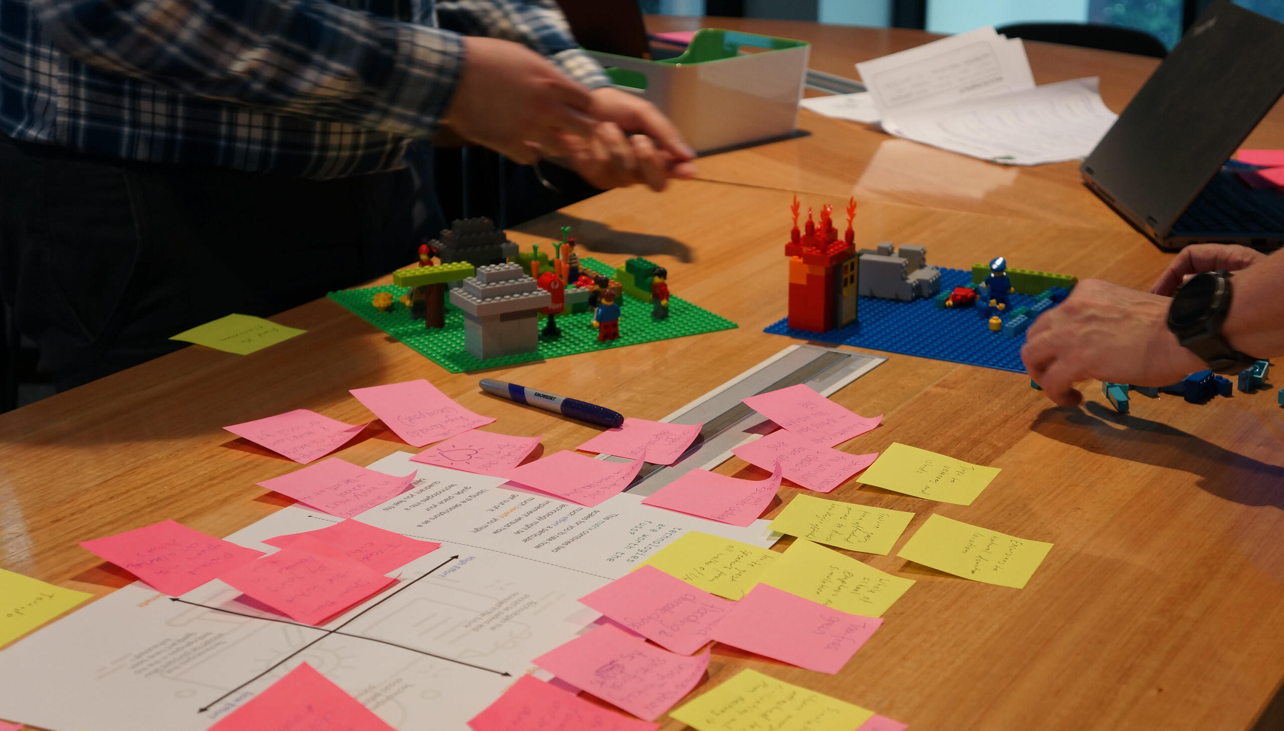 Design thinking professional learning Lego prototype and pink sticky notes from a design thinking professional learning workshop for teachers